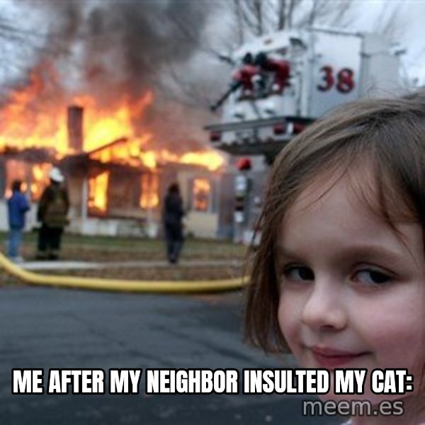 Disaster Girl meme: me after my neighbor insulted my cat: