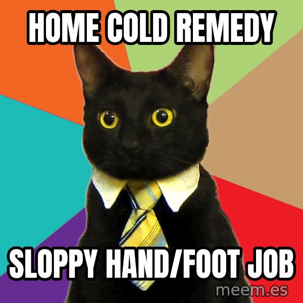 Business Cat meme: home cold remedy / Sloppy Hand/Foot job
