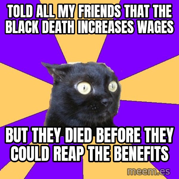 Anxiety Cat meme: told all my friends that the black death increases wages / but they died before they could reap the benefits