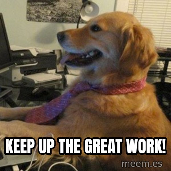 I have no idea what I'm doing - Dog with Tie meme: Keep up the great work!