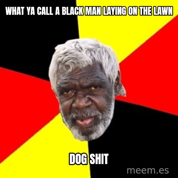 Aboriginal meme: What ya call a black man laying on the lawn / Dog shit
