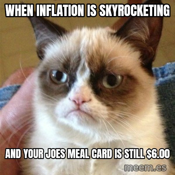 Grumpy Cat  meme: When inflation is skyrocketing / And your joes meal card is still $6.00