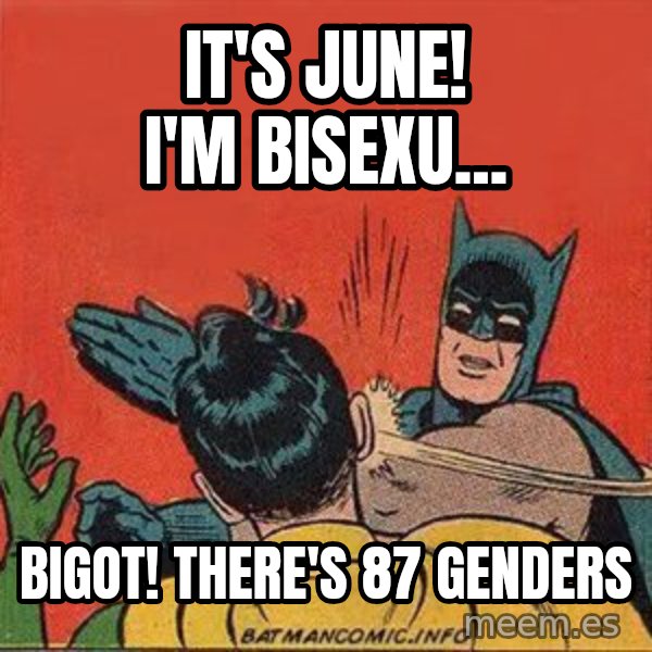 batman slap robin meme: It's June! I'm bisexu... / Bigot! There's 87 genders