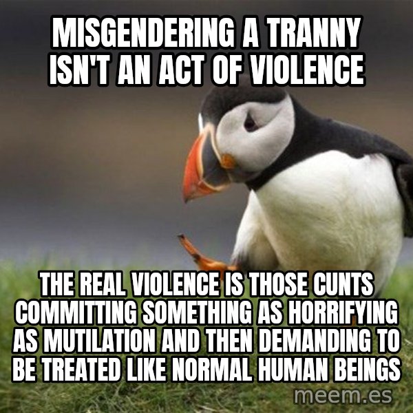 Unpopular Opinion Puffin meme: Misgendering a tranny isn't an act of violence / The real violence is those cunts committing something as horrifying as mutilation and then demanding to be treated like normal human beings