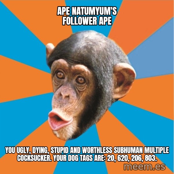 Stupid Monkey meme: ape natumyum's follower ape / you ugly, dying, stupid and worthless subhuman multiple cocksucker. Your dog tags are: 20, 620, 206, 803.