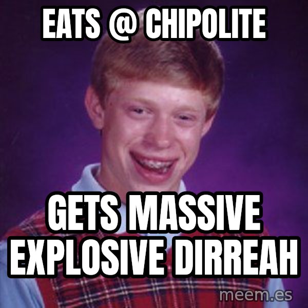 Bad Luck Brian meme: Eats @ chipolite / Gets massive explosive dirreah