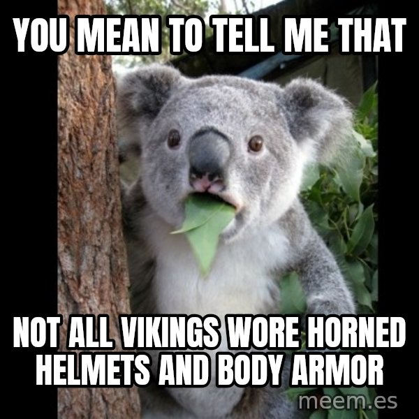 Koala can't believe it meme: you mean to tell me that / not all vikings wore horned helmets and body armor