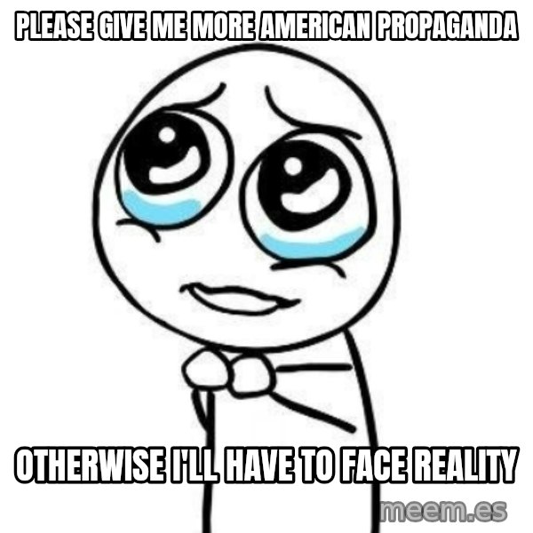 Please guy meme: please give me more american propaganda / otherwise i'll have to face reality