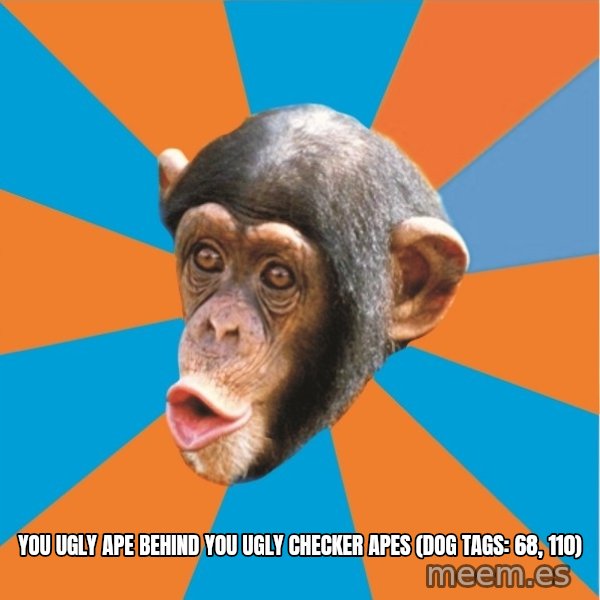Stupid Monkey meme: you ugly ape behind you ugly checker apes (dog tags: 68, 110)