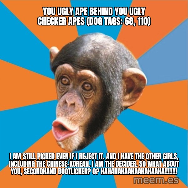 Stupid Monkey meme: you ugly ape behind you ugly checker apes (dog tags: 68, 110) / I am still picked even if I reject it. And I have the other girls, including the chinese-korean. I am the decider. So what about you, secondhand bootlicker? 0? hahahahaahaahahaaha!!!!!!!!