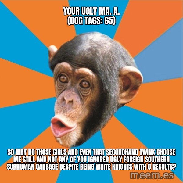 Stupid Monkey meme: your ugly ma. a. (dog tags: 65) / So why do those girls and even that secondhand twink choose me still and not any of you ignored ugly foreign southern subhuman garbage despite being white knights with 0 results?