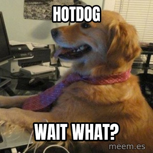 I have no idea what I'm doing - Dog with Tie meme: hotdog / wait what?