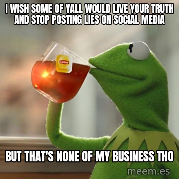Kermit The Frog Drinking Tea meme: I WISH SOME OF YALL WOULD LIVE YOUR TRUTH AND STOP POSTING LIES ON SOCIAL MEDIA / BUT THAT'S NONE OF MY BUSINESS THO