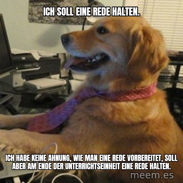 I have no idea what I'm doing - Dog with Tie meme: Ich soll eine Rede halten. / Ich habe keine Ahnung, wie man eine Rede vorbereitet, soll aber am Ende der Unterrichtseinheit eine Rede halten.