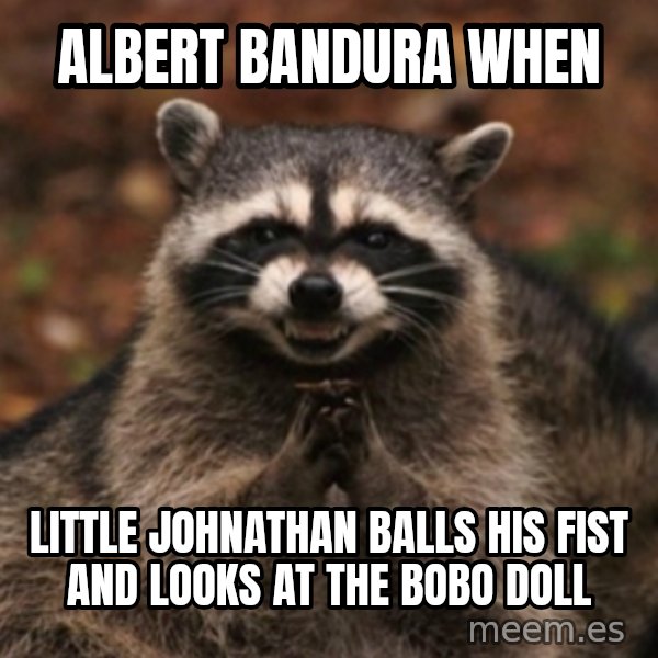 evil raccoon meme: Albert Bandura when / Little Johnathan Balls his fist and looks at the bobo Doll