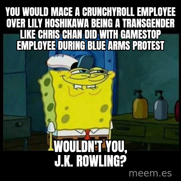 Don't you, Squidward? meme: You would mace a Crunchyroll employee over Lily Hoshikawa being a transgender like Chris Chan did with Gamestop employee during blue arms protest / Wouldn't you, J.K. Rowling?