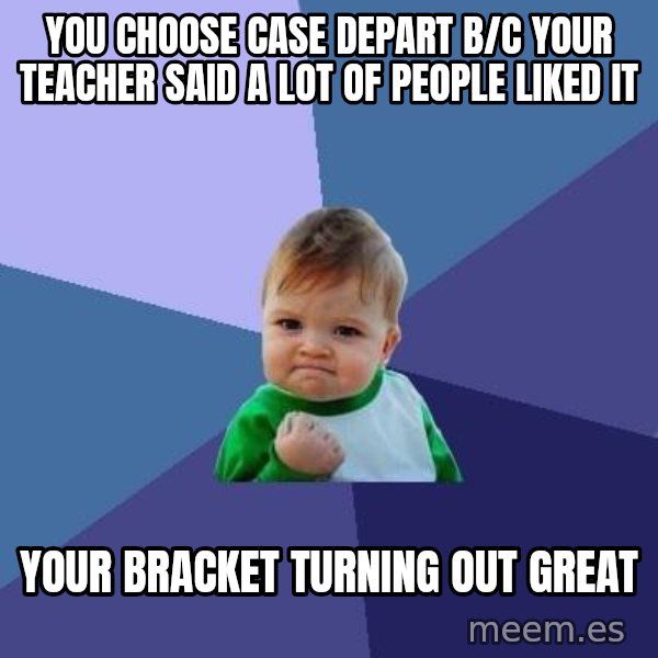 Success Kid meme: you choose case depart b/c your teacher said a lot of people liked it / your bracket turning out great
