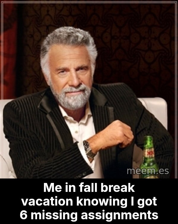 Dos Equis Guy gives advice meme: Me in fall break vacation knowing I got 6 missing assignments