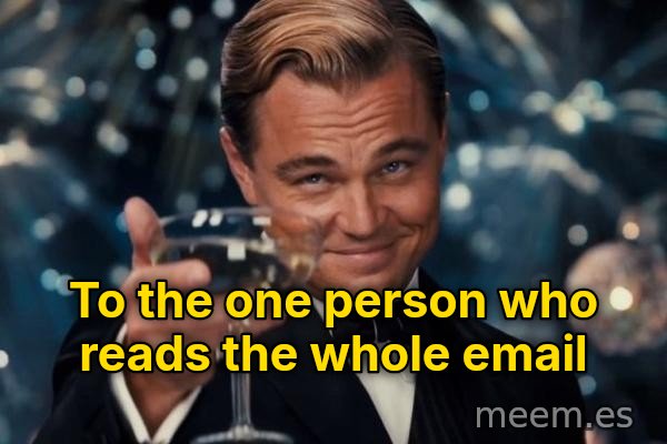 Leonardo DiCaprio Cheers meme: To the one person who reads the whole email