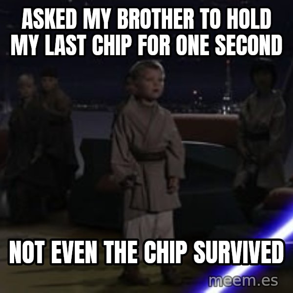 Master Skywalker, There Are Too Many of Them (Younglings) meme: Asked my brother to hold my last chip for one second / Not even the chip survived