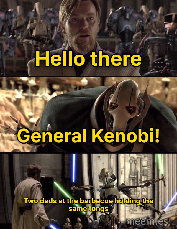 Hello There / General Kenobi meme: Hello there / General Kenobi! / Two dads at the barbecue holding the same tongs