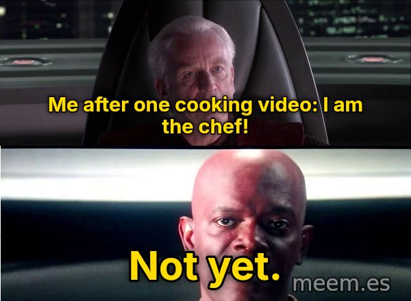 I Am the Senate meme: Me after one cooking video: I am the chef! / Not yet.