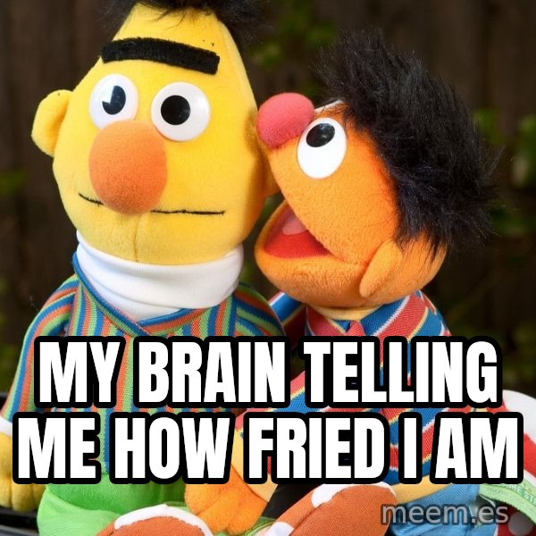 Ernie Whispers To Bert meme: My brain telling me how fried I am